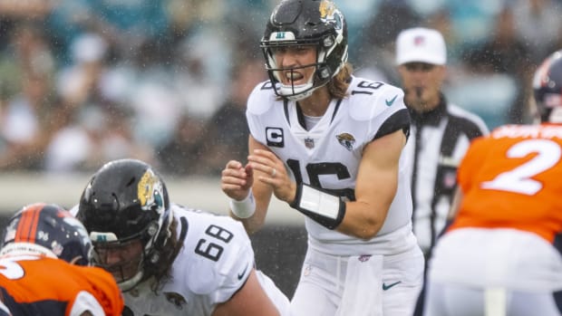 Jacksonville Jaguars quarterback Trevor Lawrence (16) against the Denver Broncos at TIAA Bank Field.